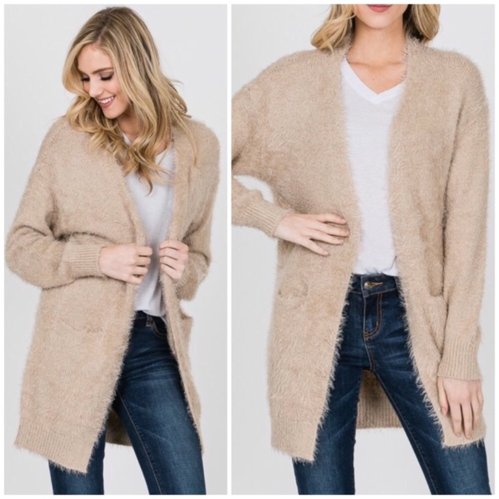 SOLD OUT Taupe Fuzzy Long Sleeve Oversized Cardigan - Picture 1 of 2